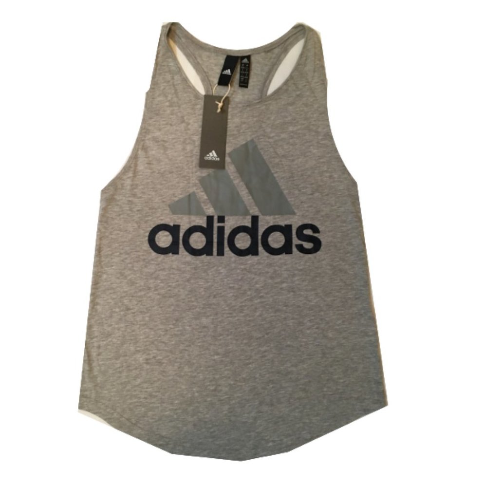adidas Essentials Linear Loose Fit Tank Womens Grey with Navy Blue Logo